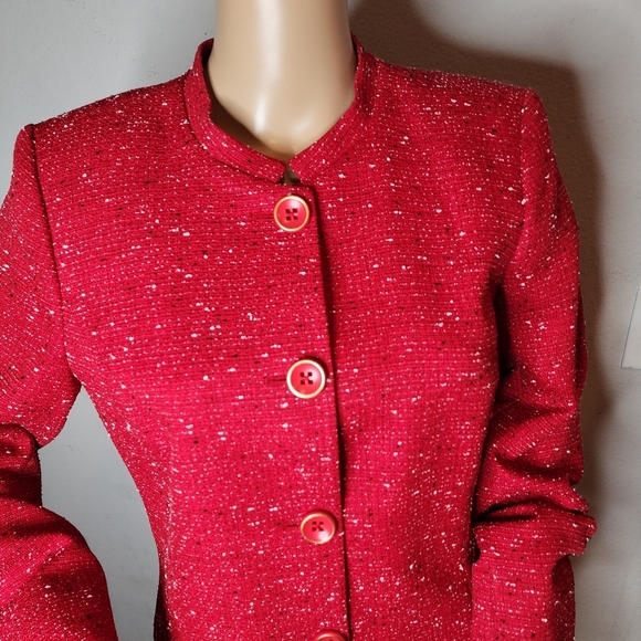 Mary Kay Red Tweed Button Jacket Long Blazer Mock Neck Size Medium Tall - Picture 2 of 16